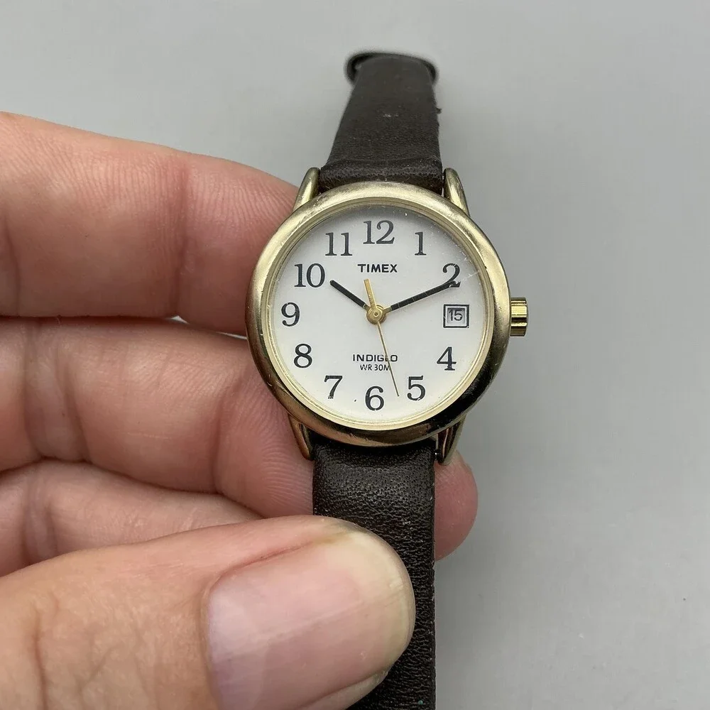 Timex Indiglo Womens Watch 25mm White Dial Leather Date Gold Tone New Battery